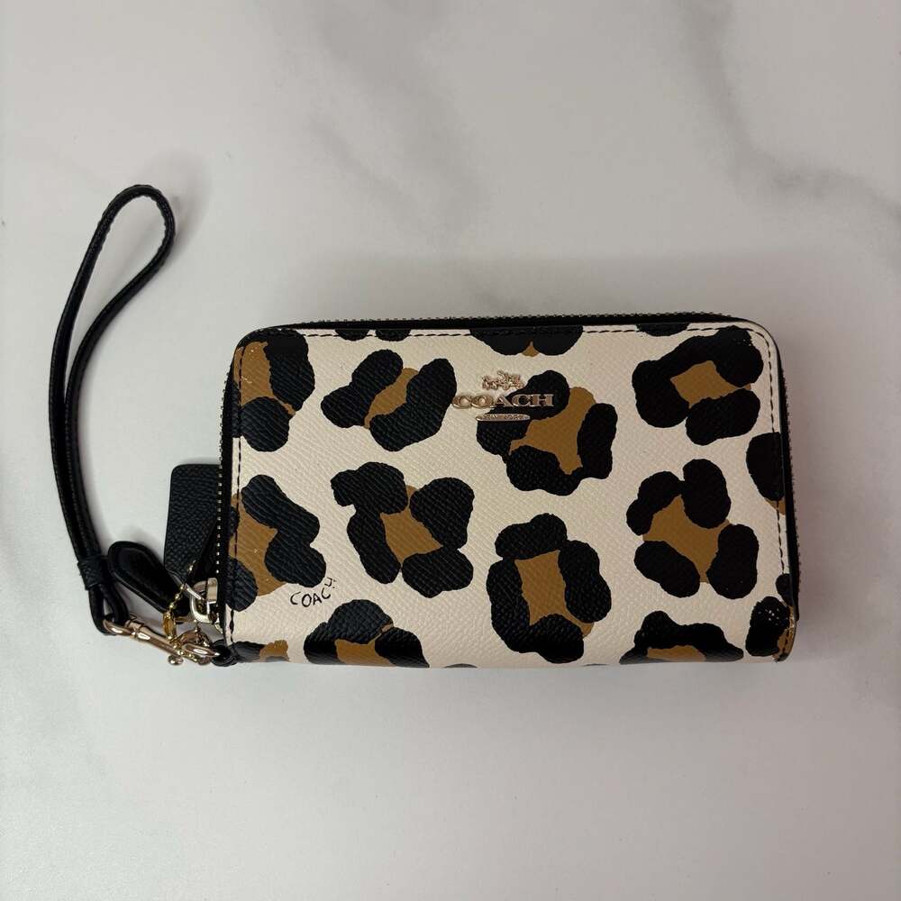 Coach Double Zip Wallet with Leopard Print and Wristlet Strap - Picture 16 of 16